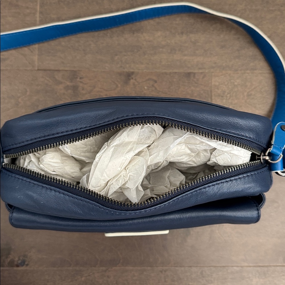 NWT Cole Haan Blue Leather Crossbody Bag Colorblock Adjustable Strap - Picture 4 of 6